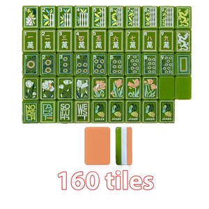 May include: A set of 160 green mahjong tiles featuring various illustrations including bamboo, Chinese characters, floral patterns, directional markers, and joker cards. The set includes two blank tiles, one solid orange and one green, white, and orange striped.