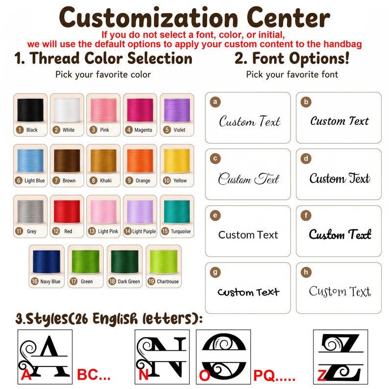May include: A customization center chart for handbags featuring nineteen numbered thread color spools in various hues, eight distinct font options labeled a through h displaying the text Custom Text, and a section for 26 English letter styles.