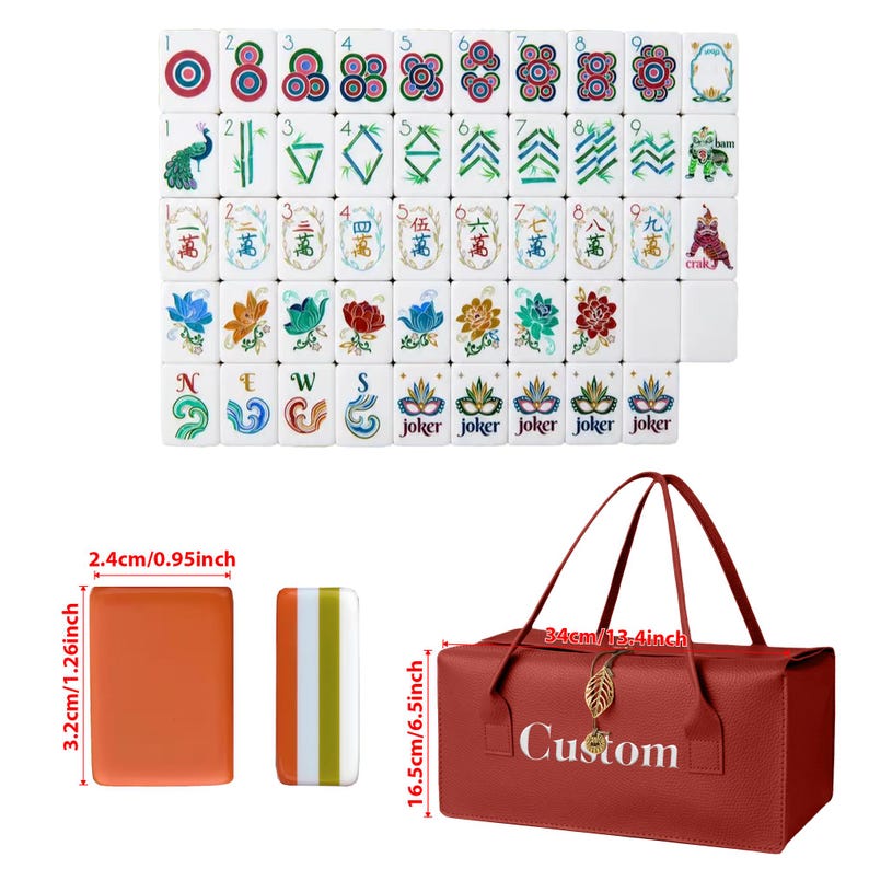 May include: A set of rectangular Mahjong tiles featuring colorful floral, numerical, and character designs, accompanied by a red carrying bag with the text "Custom" and a gold leaf charm. Tiles measure 3.2 cm by 2.4 cm, bag measures 34 cm by 16.5 cm.