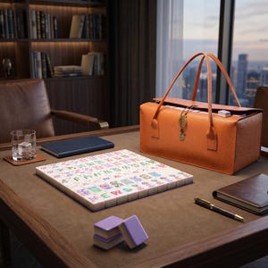 May include: A mahjong set featuring a rectangular orange textured carrying case with a gold leaf charm, a square arrangement of white tiles with colorful symbols, and several loose purple and white tiles on a brown surface with a glass and notebooks.
