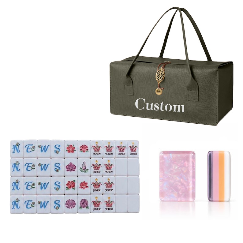 Pink Mahjong Set with Embroidery Carrying Case, Personalized American Mahjong Tiles, Elegant Mahjong Game Set, Premium Gift for Mom or Her Mahjong &green bag