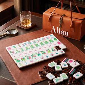 May include: A mahjong set featuring white tiles with colorful engraved symbols, numbers, and letters, alongside a tan leather carrying case with the name Allan embroidered in white, a glass of amber liquid, and a gold-rimmed magnifying glass.
