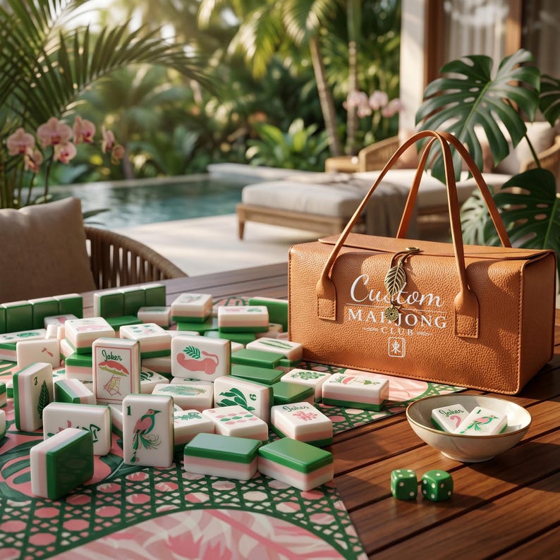 May include: A tan leather carrying case with the text Custom MAHJONG CLUB and a leaf charm, accompanied by a set of white and green mahjong tiles with various illustrations, two green dice, and a small white bowl on a patterned mat.