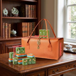 May include: An orange textured leather carrying case with two handles and a gold leaf charm, accompanied by a set of green and orange mahjong tiles. The case measures 34cm by 16.5cm, and individual tiles measure 2.4cm by 3.2cm.