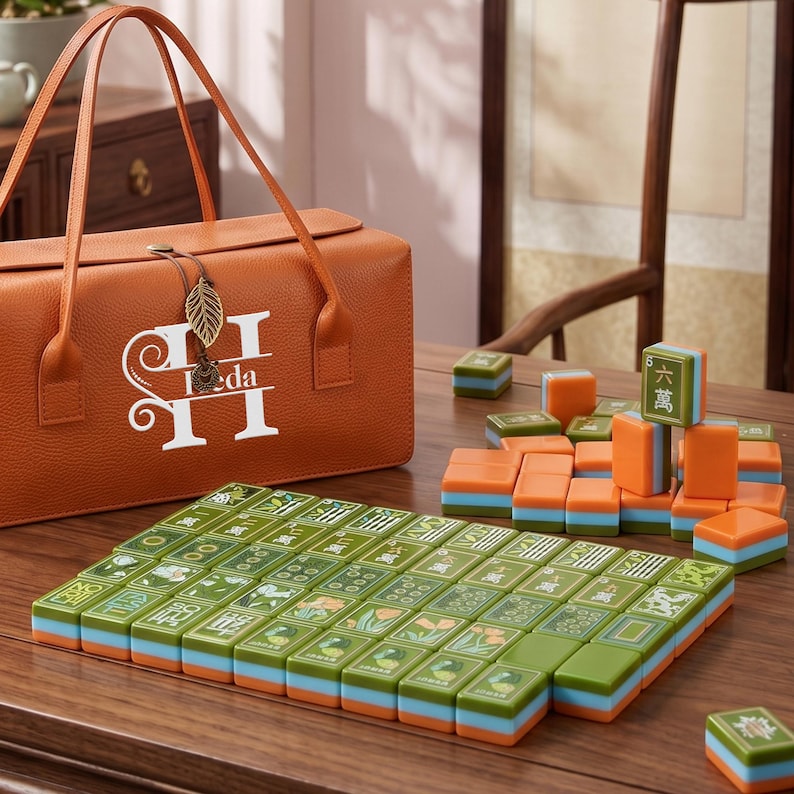 May include: A tan leather carrying case with a leaf charm and the white text Heda, accompanied by a set of rectangular mahjong tiles. The tiles feature green tops with various illustrations and characters, and light blue and orange layered bases.
