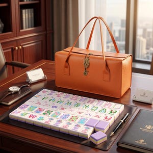 May include: An orange rectangular carrying case with a leaf-shaped metal clasp, accompanied by a set of mahjong tiles featuring floral designs, Chinese characters, and the letters N, E, W, S, and Joker, arranged on a dark desk mat.