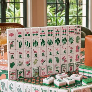 Aesthetic Floral Mahjong Set with Custom Travel Leather Case,Pastel Green Pink Tiles Mahjong Gift for Her,Unique Table Game Set Gift for Mom image 4