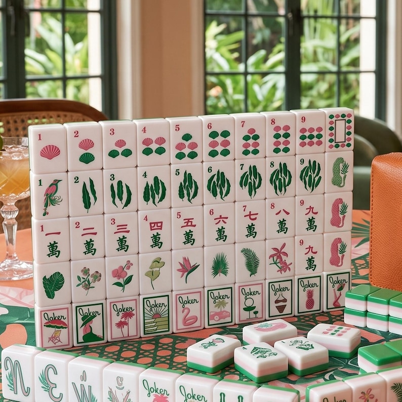 Aesthetic Floral Mahjong Set with Custom Travel Leather Case,Pastel Green Pink Tiles Mahjong Gift for Her,Unique Table Game Set Gift for Mom image 4