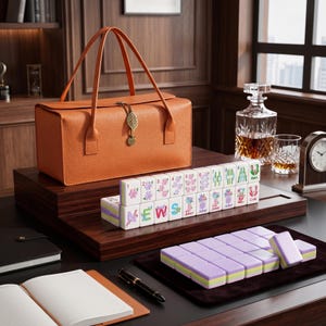 May include: An orange textured leather carrying case with a gold leaf charm, accompanied by a set of white mahjong tiles featuring floral and letter designs spelling NEWS, and a separate collection of solid light purple mahjong tiles.