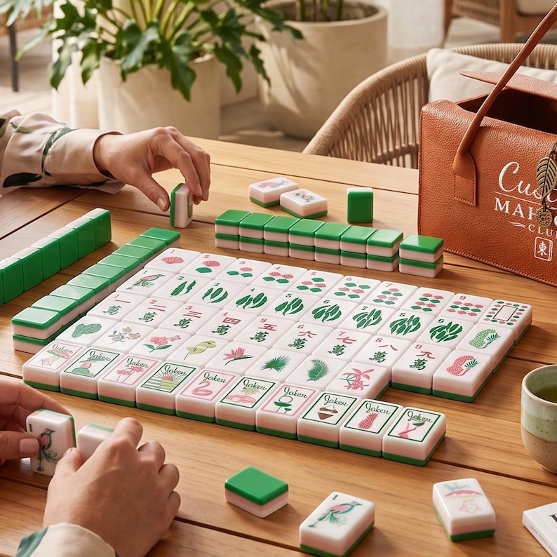 May include: A Mahjong set featuring white tiles with green backs and colorful illustrations including flowers, plants, and the word Joker. The set includes a brown leather carrying case with the text Custom Mahjong Club printed on the front.