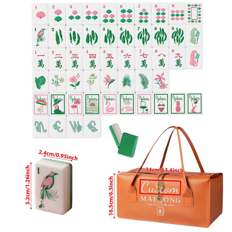 May include: A set of white mahjong tiles featuring pink and green botanical, animal, and joker illustrations, accompanied by a tan carrying bag labeled Custom Mahjong Club. A single tile measures 3.2cm by 2.4cm, and the bag measures 34cm by 16.5cm.