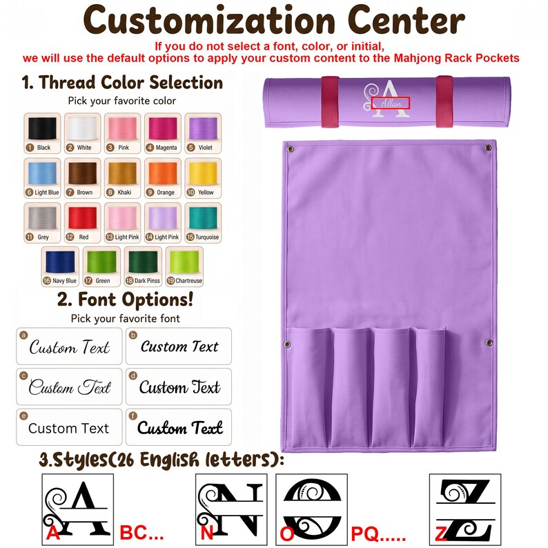 Organizador enrollable personalizado para tablero de mahjong, con nombre o iniciales bordadas, estuche de gran capacidad para guardar fichas y regla, regalo personalizado para la noche de juegos. Purple