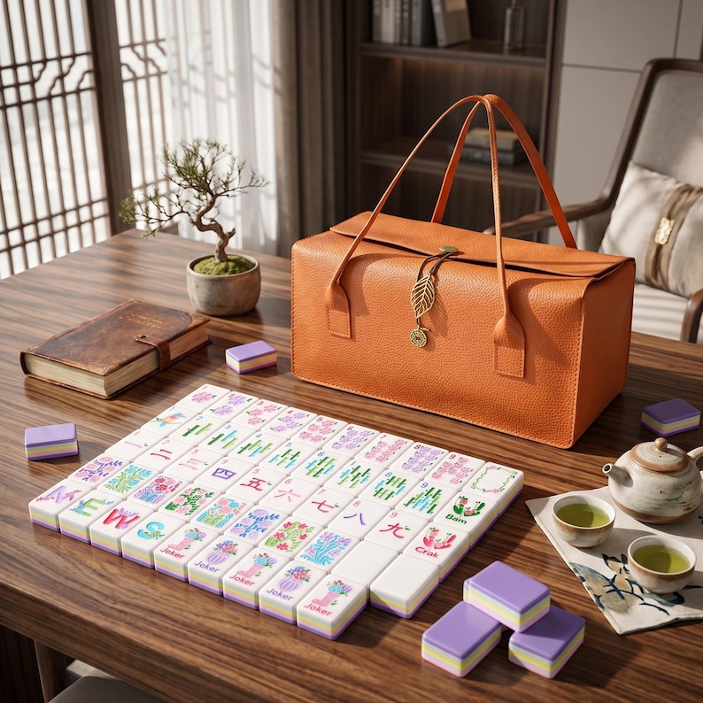May include: A mahjong set featuring white tiles with colorful floral and character designs, including purple and white edges. The set is accompanied by an orange textured carrying bag with a gold leaf charm and a button closure on the front.