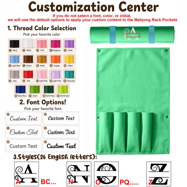 Organizador enrollable personalizado para tablero de mahjong, con nombre o iniciales bordadas, estuche de gran capacidad para guardar fichas y regla, regalo personalizado para la noche de juegos. Green