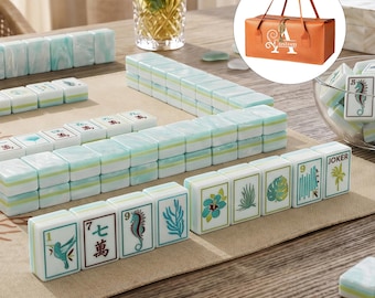 Coastal Blue American Mahjong Tiles Set, Personalized Mahjong Game with Personalized Carrying Case, Travel Mahjong Set, Elegant Gift for Mom