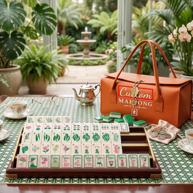 Aesthetic Floral Mahjong Set with Custom Travel Leather Case,Pastel Green Pink Tiles Mahjong Gift for Her,Unique Table Game Set Gift for Mom image 6