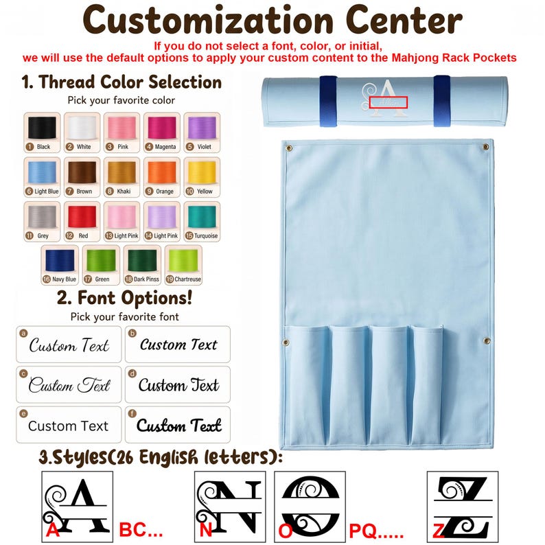 Organizador enrollable personalizado para tablero de mahjong, con nombre o iniciales bordadas, estuche de gran capacidad para guardar fichas y regla, regalo personalizado para la noche de juegos. Light Blue