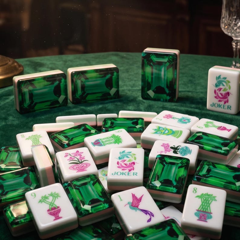 May include: A collection of mahjong tiles featuring a mix of white tiles with colorful botanical and bird illustrations and translucent emerald green tiles with a faceted gemstone design. One white tile is clearly labeled with the text JOKER.