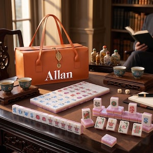May include: An orange rectangular carrying case with the name Allan printed in white, featuring a gold leaf charm. The set includes white mahjong tiles with colorful symbols and letters, two small dice, and two patterned ceramic tea cups.