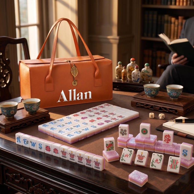 May include: An orange rectangular carrying case with the name Allan printed in white, featuring a gold leaf charm. The set includes white mahjong tiles with colorful symbols and letters, two small dice, and two patterned ceramic tea cups.