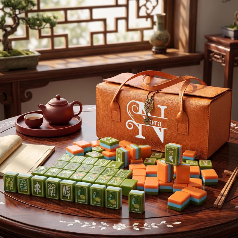 May include: A mahjong set with green and orange tiles featuring characters and symbols, accompanied by a textured orange carrying case with a white logo and a leaf charm, a brown teapot, a small cup, and wooden chopsticks on a round table.