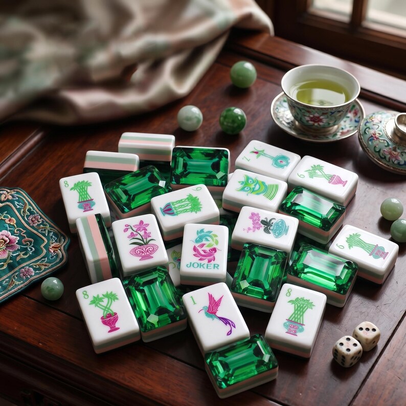 Personalized Luxury Mahjong Set with Embroidery Travel Case | Emerald Green Crystal Mahjong Tiles | Elegant Gift for Mahjong Lovers image 6