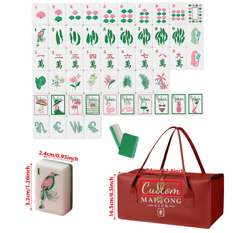 May include: A set of white mahjong tiles featuring pink and green botanical and animal illustrations, including joker tiles with various icons. A red carrying bag with the text Custom Mahjong Club is included, measuring 13.4 inches by 6.5 inches.