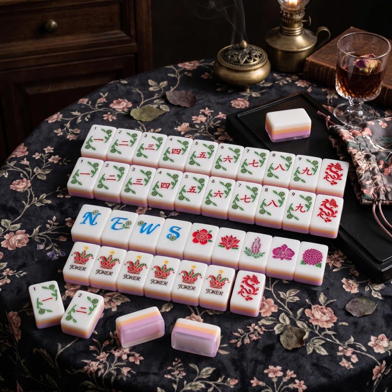 K&ouml;nnte beinhalten: Ein Set aus Mahjong-Spielsteinen mit wei&szlig;en Oberfl&auml;chen und farbenfrohen Motiven, darunter chinesische Ziffern, rote Drachen, Blumenmuster und die Buchstaben N, E, W, S. Einige Steine zeigen das Wort JOKER mit einer Krone und einem Farbverlauf.
