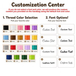 May include: A customization center chart for a handbag featuring nineteen numbered thread spools in various colors including black, white, pink, magenta, violet, blue, brown, khaki, orange, yellow, grey, red, purple, turquoise, and green, plus eight font options.
