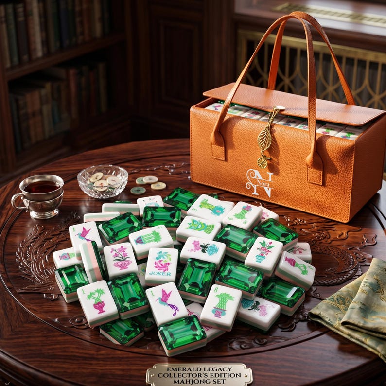 May include: A Mahjong set featuring translucent emerald green tiles and white tiles with colorful floral and bird illustrations. The set includes a textured orange carrying case with a gold leaf charm and the text Nora, plus a metal plaque reading Emerald Legacy Collector's Edition Mahjong Set.