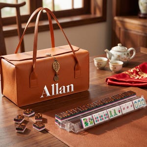 May include: A rectangular orange textured carrying case with two handles and a gold leaf charm, featuring the name Allan in white text. Beside it, a clear plastic rack holds several mahjong tiles with patterned backs and colorful face designs.