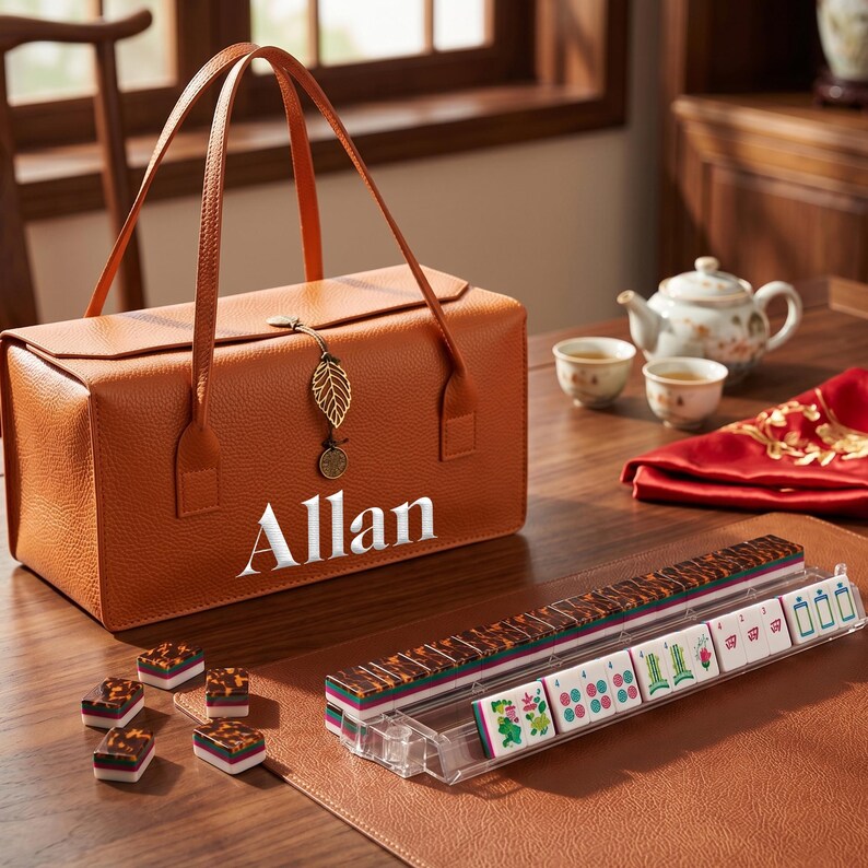 May include: A rectangular orange textured carrying case with two handles and a gold leaf charm, featuring the name Allan in white text. Beside it, a clear plastic rack holds several mahjong tiles with patterned backs and colorful face designs.