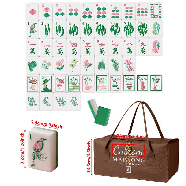 May include: A Mahjong set featuring white tiles with pink and green botanical, animal, and character illustrations, plus Joker tiles. Includes a brown carrying bag with the text Custom MAHJONG CLUB. Tiles measure 2.4cm by 3.2cm; bag measures 34cm by 16.5cm.