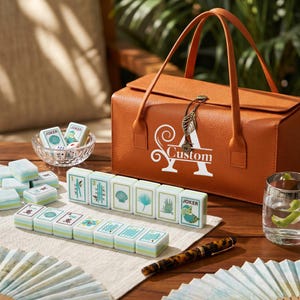 Puede incluir: Un malet&iacute;n de transporte rectangular de color naranja con textura, asa y un dije en forma de hoja, con una letra A blanca y la palabra Custom. Fichas de mahjong con ilustraciones verdes y azules dispuestas sobre una tela, junto a un vaso de agua y un bol&iacute;grafo.