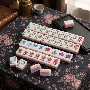 K&ouml;nnte beinhalten: Ein Set rechteckiger Mahjong-Spielsteine mit wei&szlig;en Oberfl&auml;chen, verziert mit gr&uuml;nen, roten und blauen Tintenmotiven wie chinesischen Ziffern, Drachen, Blumenmustern und dem Wort NEWS. Die Steine haben eine geschichtete wei&szlig;-rosa-orange Basis.