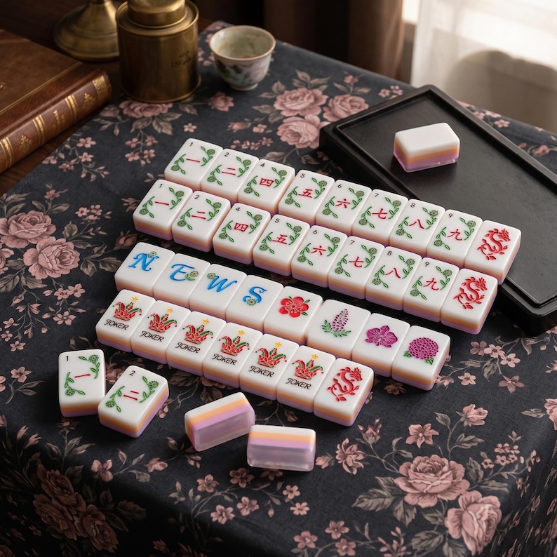 K&ouml;nnte beinhalten: Ein Set rechteckiger Mahjong-Spielsteine mit wei&szlig;en Oberfl&auml;chen, verziert mit gr&uuml;nen, roten und blauen Tintenmotiven wie chinesischen Ziffern, Drachen, Blumenmustern und dem Wort NEWS. Die Steine haben eine geschichtete wei&szlig;-rosa-orange Basis.