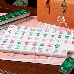 Personalized Luxury Mahjong Set with Embroidery Travel Case | Emerald Green Crystal Mahjong Tiles | Elegant Gift for Mahjong Lovers image 3