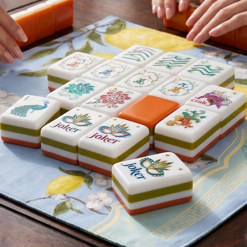 May include: A set of rectangular mahjong tiles featuring white tops with colorful illustrations of peacocks, flowers, and masks labeled joker, stacked on a light blue and yellow floral mat. The tiles have green and orange layered sides.