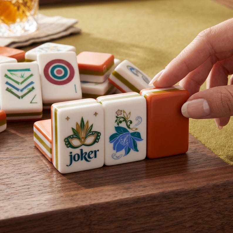 May include: A set of rectangular mahjong tiles with white faces and orange backs. The tiles feature various colorful illustrations, including a green mask with the text joker, a blue floral design, and a red and blue target symbol on a white background.