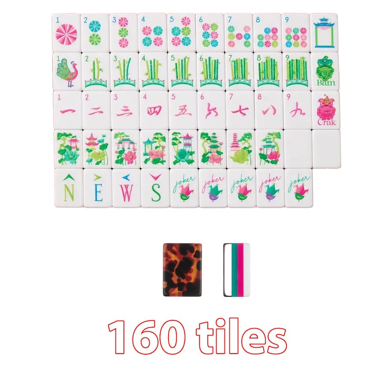 May include: A set of 160 white Mahjong tiles featuring colorful illustrations of flowers, bamboo, birds, and Chinese characters. The collection includes directional tiles labeled NEWS, Joker tiles, and two distinct tiles with tortoise shell and striped patterns.