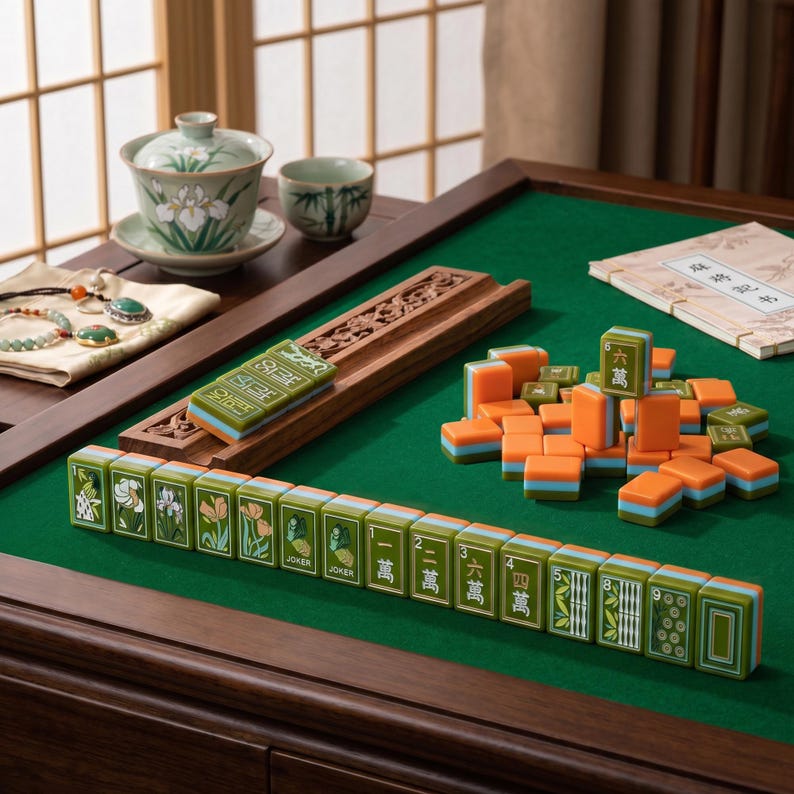 Green American Mahjong Set, Mahjong Tiles with Custom Carrying Case, Luxury Table Game Gift for Her, Elegant Gift for Mahjong Lovers image 2