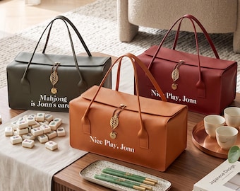 Elegant Mahjong Tile Bag, Personalized Game Organizer Tote, Luxury Leather Carry Case for Board Games, Gift for Game Lovers & Family Nights