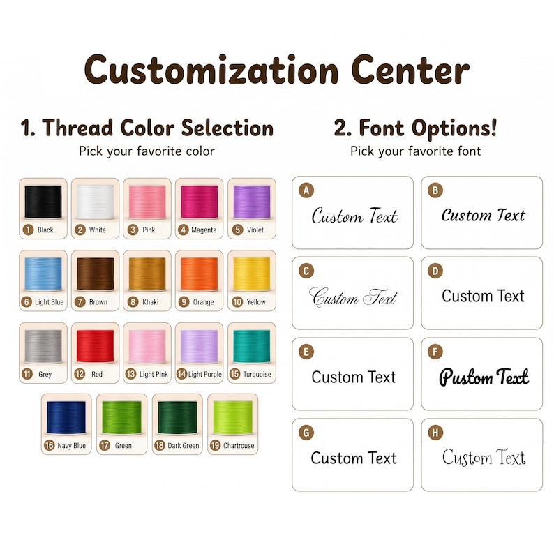 May include: A customization center chart featuring 19 numbered thread spools in various colors including black, white, pink, magenta, violet, blue, brown, khaki, orange, yellow, grey, red, light pink, purple, turquoise, navy, and green.