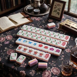 K&ouml;nnte beinhalten: Ein Set rechteckiger Mahjong-Spielsteine mit verschiedenen Motiven, darunter chinesische Ziffern, rote Drachen, Blumenmuster und das Wort NEWS in blauer Schrift. Mehrere Spielsteine sind mit JOKER und einem Kronensymbol versehen. Die Steine haben eine wei&szlig;e Oberseite und eine geschichtete rosa-orangefarbene Basis.