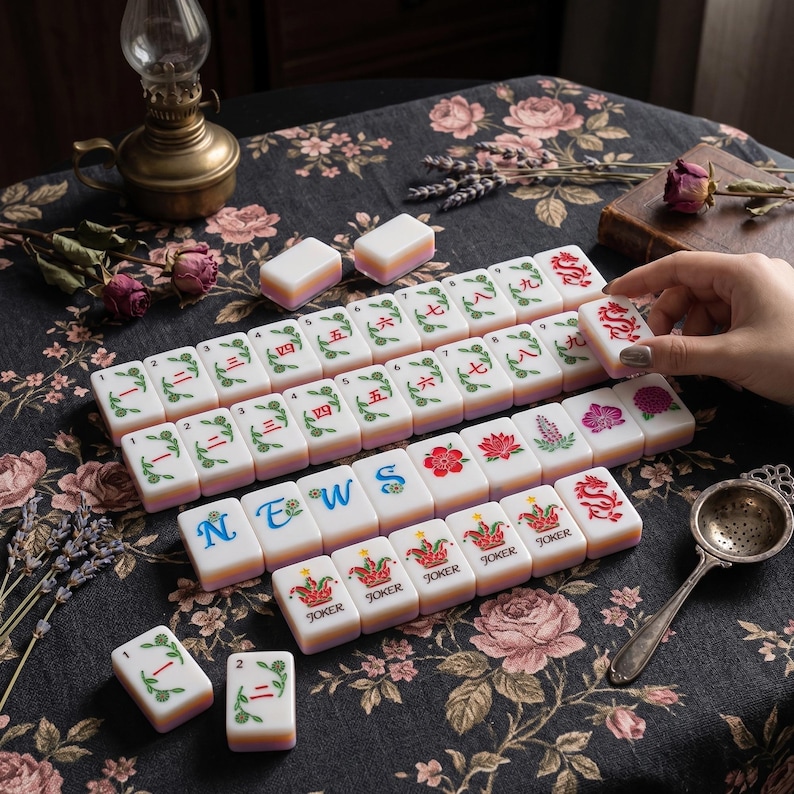 K&ouml;nnte beinhalten: Ein Set rechteckiger Mahjong-Spielsteine mit wei&szlig;en Oberfl&auml;chen und pastellfarbenen Unterseiten. Die Steine zeigen rote und gr&uuml;ne chinesische Schriftzeichen, florale Motive und das Wort NEWS in Blau. Einige Steine zeigen einen roten Drachen oder Joker.