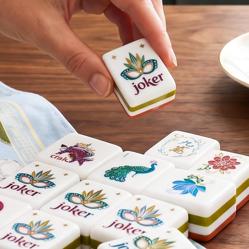 May include: A white rectangular mahjong tile held in place, featuring a colorful mask graphic and the text joker. The tile has a green and orange layered base. Other matching tiles with various designs like peacocks and flowers are visible below.