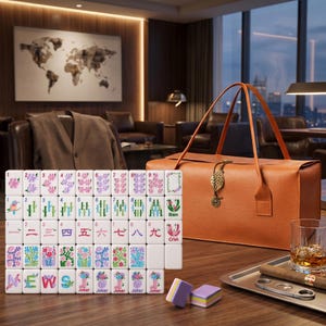 May include: A mahjong set featuring white tiles with colorful floral, bamboo, and numerical designs, including tiles labeled Joker, News, Bam, and Crak. Beside the tiles sits a tan leather carrying bag with a gold leaf charm and a glass of amber liquid.
