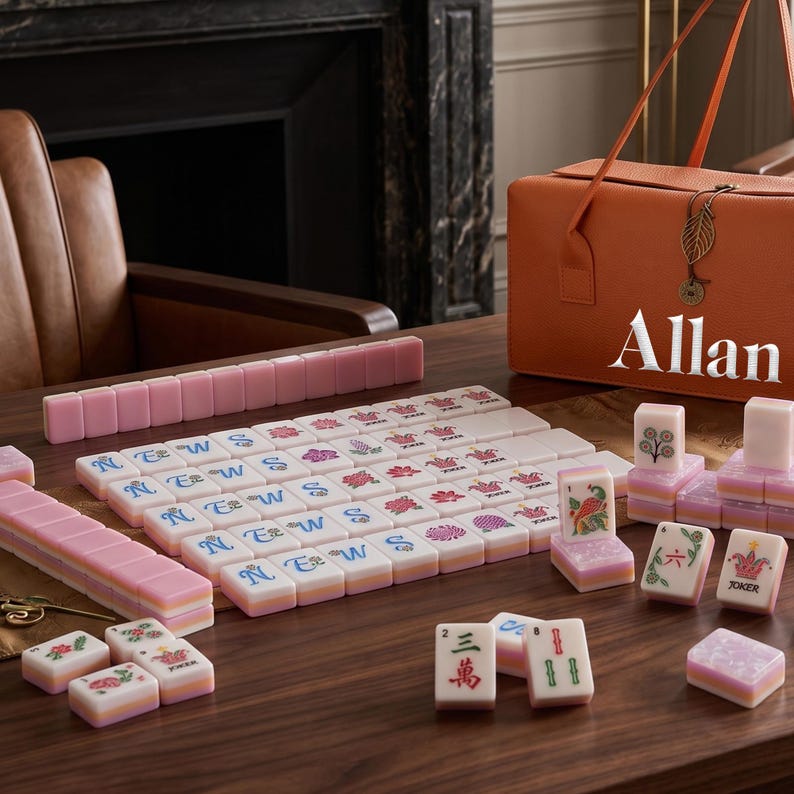 Pink Mahjong Set with Embroidery Carrying Case, Personalized American Mahjong Tiles, Elegant Mahjong Game Set, Premium Gift for Mom or Her image 2