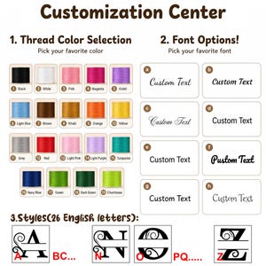 May include: A customization center chart featuring 19 numbered thread color spools ranging from black to chartreuse. It includes 8 labeled font options displaying the text Custom Text and a section for 26 English letter styles with examples A, N, O, and Z.