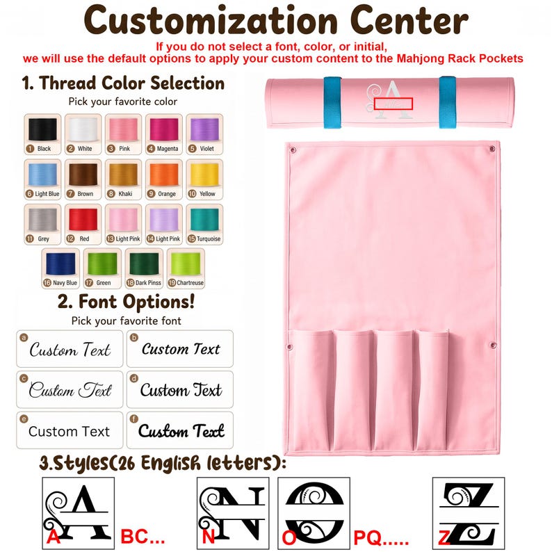 Organizador enrollable personalizado para tablero de mahjong, con nombre o iniciales bordadas, estuche de gran capacidad para guardar fichas y regla, regalo personalizado para la noche de juegos. Pink